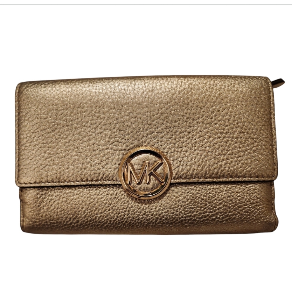 New Michael Kors Fulton Metallic Gold Pebbled Leather Trifold Wallet
